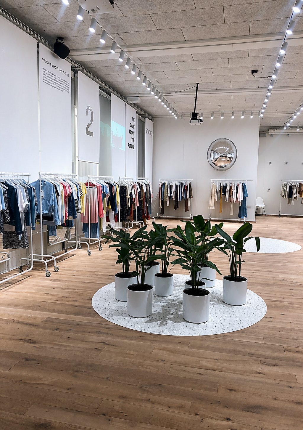 Clothing store — track lighting over display tables