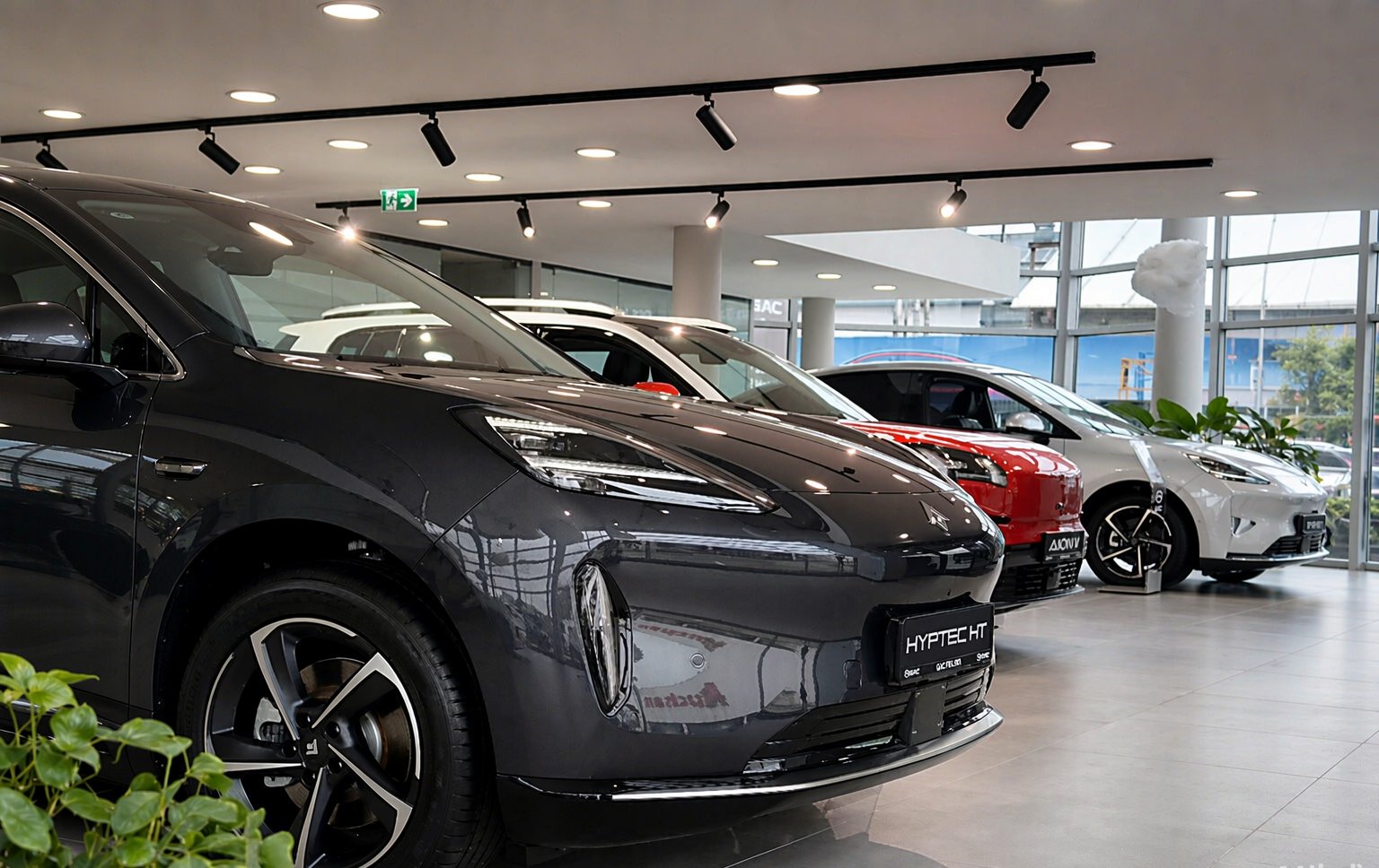 Car showroom — narrow-beam track spots on vehicles